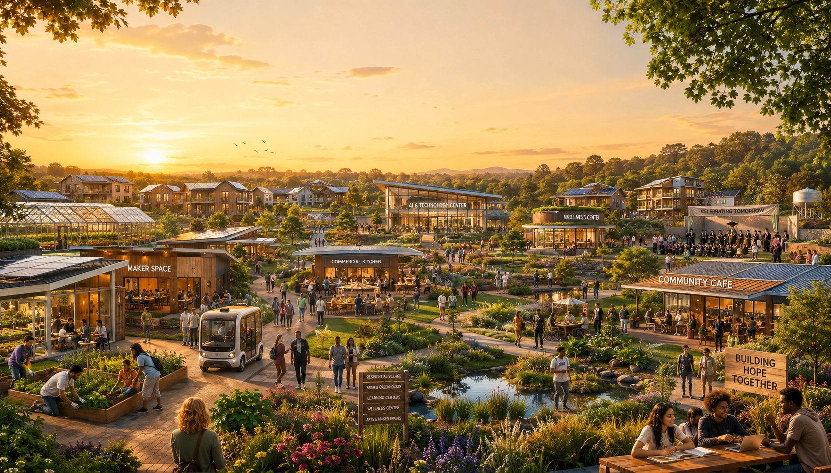 Artist rendering of the planned Lost Boys and Girls Foundation campus community at sunset, with homes, gardens, a maker space, community café, wellness center, and AI and technology center